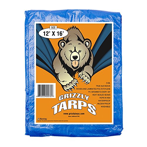 B-Air Grizzly Tarps - Large Multi-Purpose, Waterproof, Heavy Duty Poly Tarp Cover - 5 Mil Thick (Blue - 12 x 16 Feet)